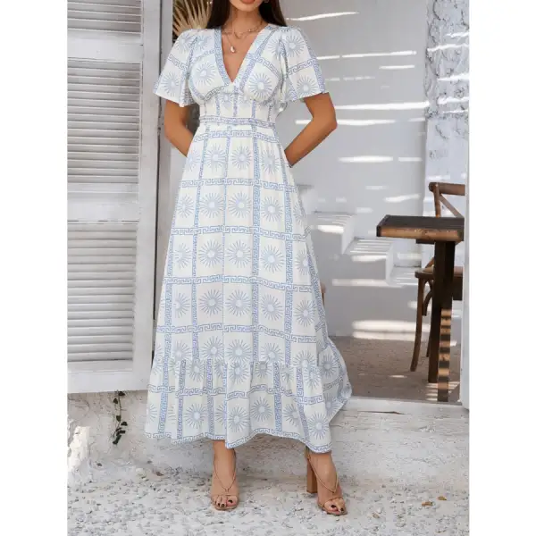 Smocked Printed V Neck Short Sleeve Maxi Dress