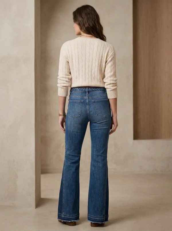Women's High-Rise Braided Waist Side-Slit Flare Jeans