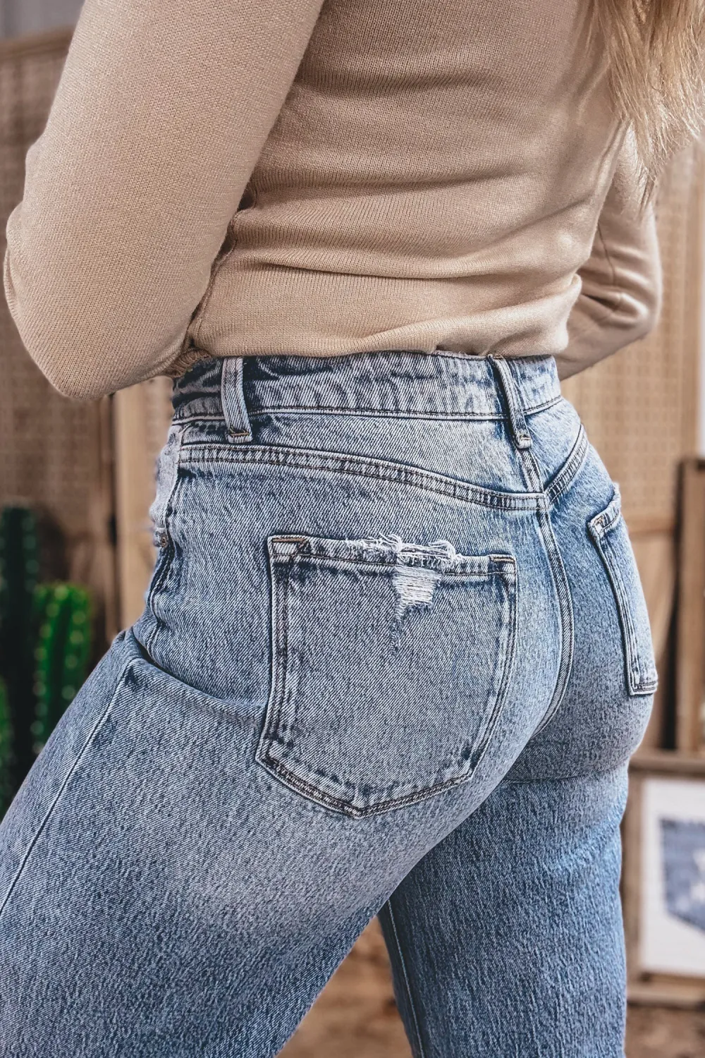 Washed Blue Cuffed Straight Jeans