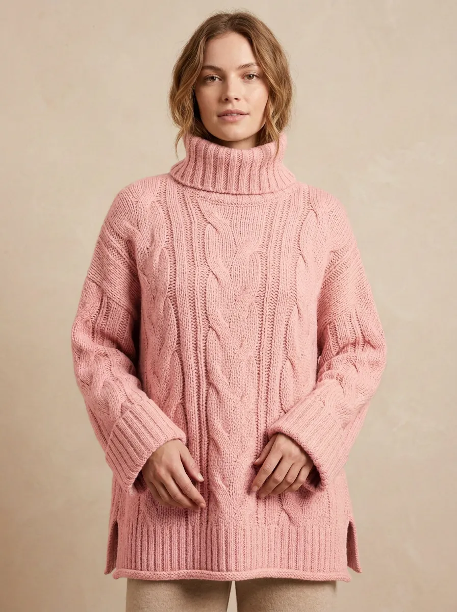 Women's Beige Cable-Knit Turtleneck Sweater