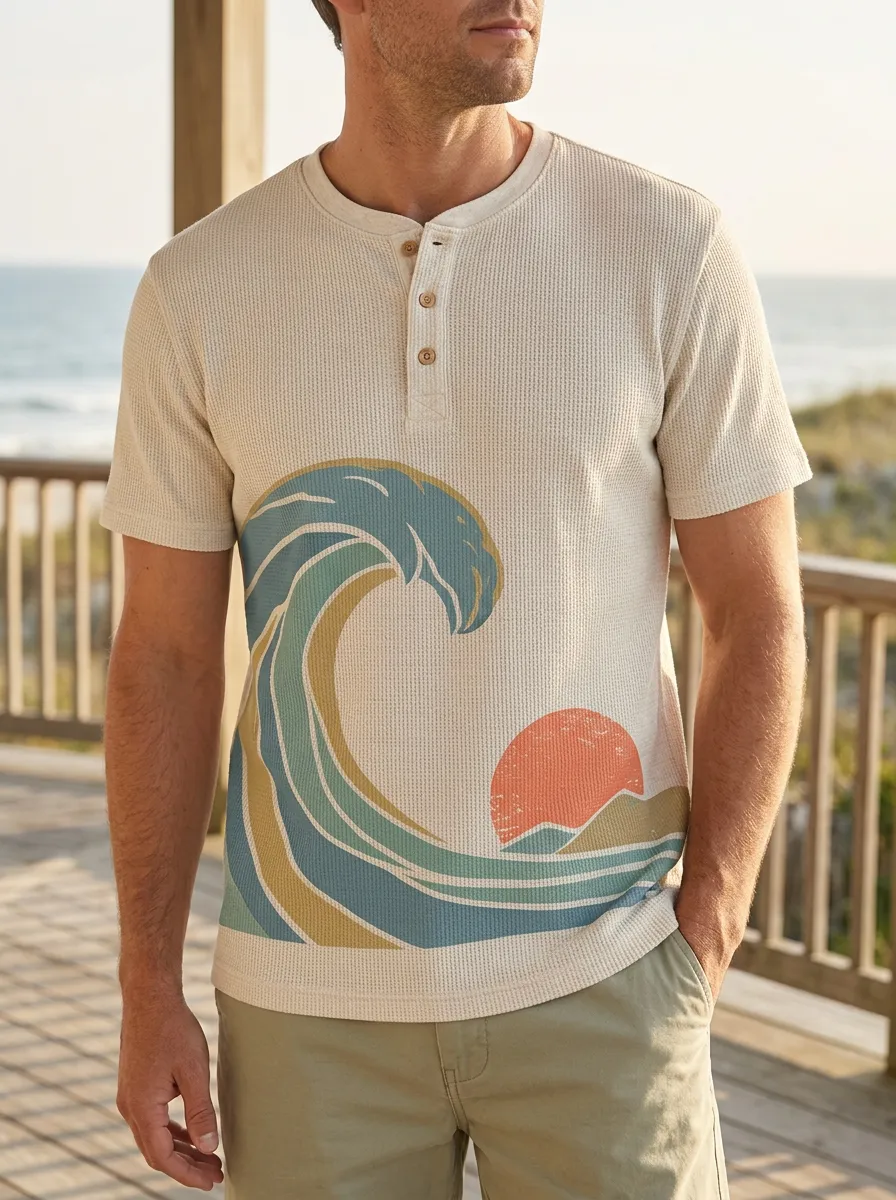 Men's Casual Beach Surfer Ocean Wave Sunset Henley T-Shirt