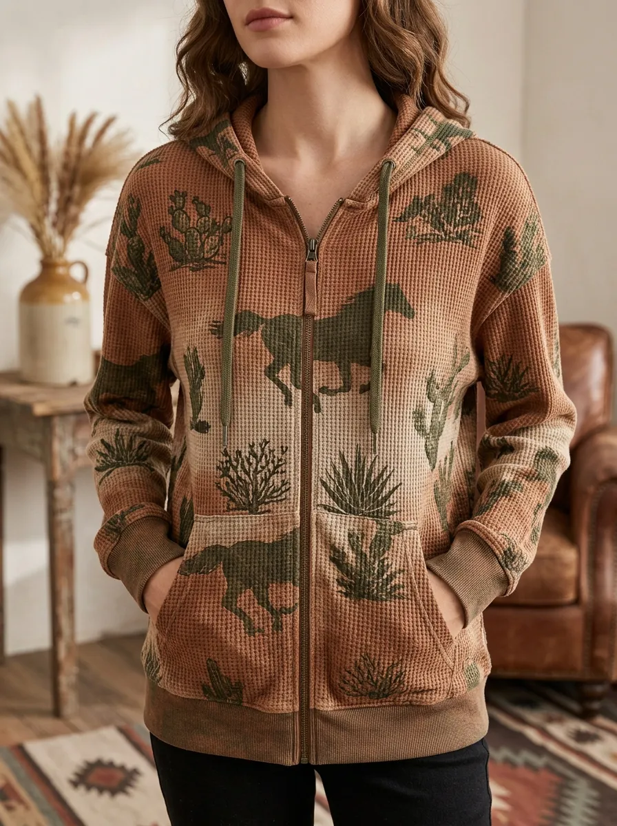 Women's Western Horse Cactus Desert Signature Composition Waffle Zip-Up Hoodie