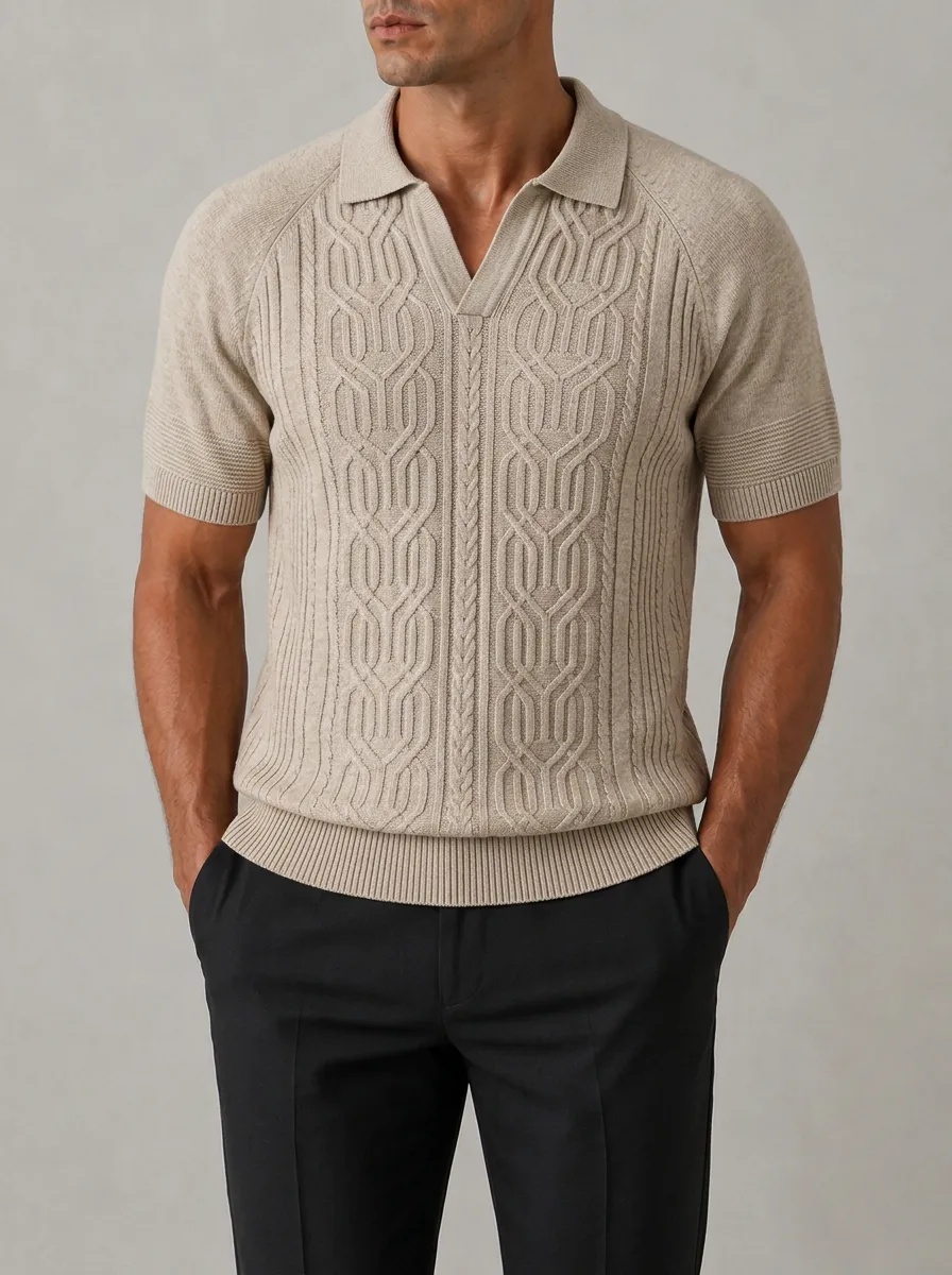 Men's Cable-Knit Short Sleeve Polo Shirt Featuring Raglan Sleeves