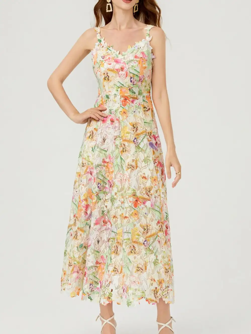Floral Lace V Neck Midi Dress