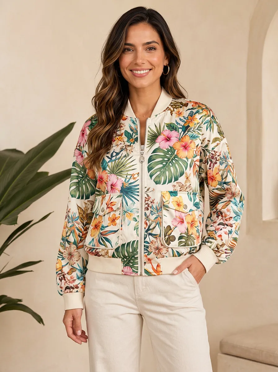 Women's Tropical Floral Monstera Leaf Printed Bomber Jacket