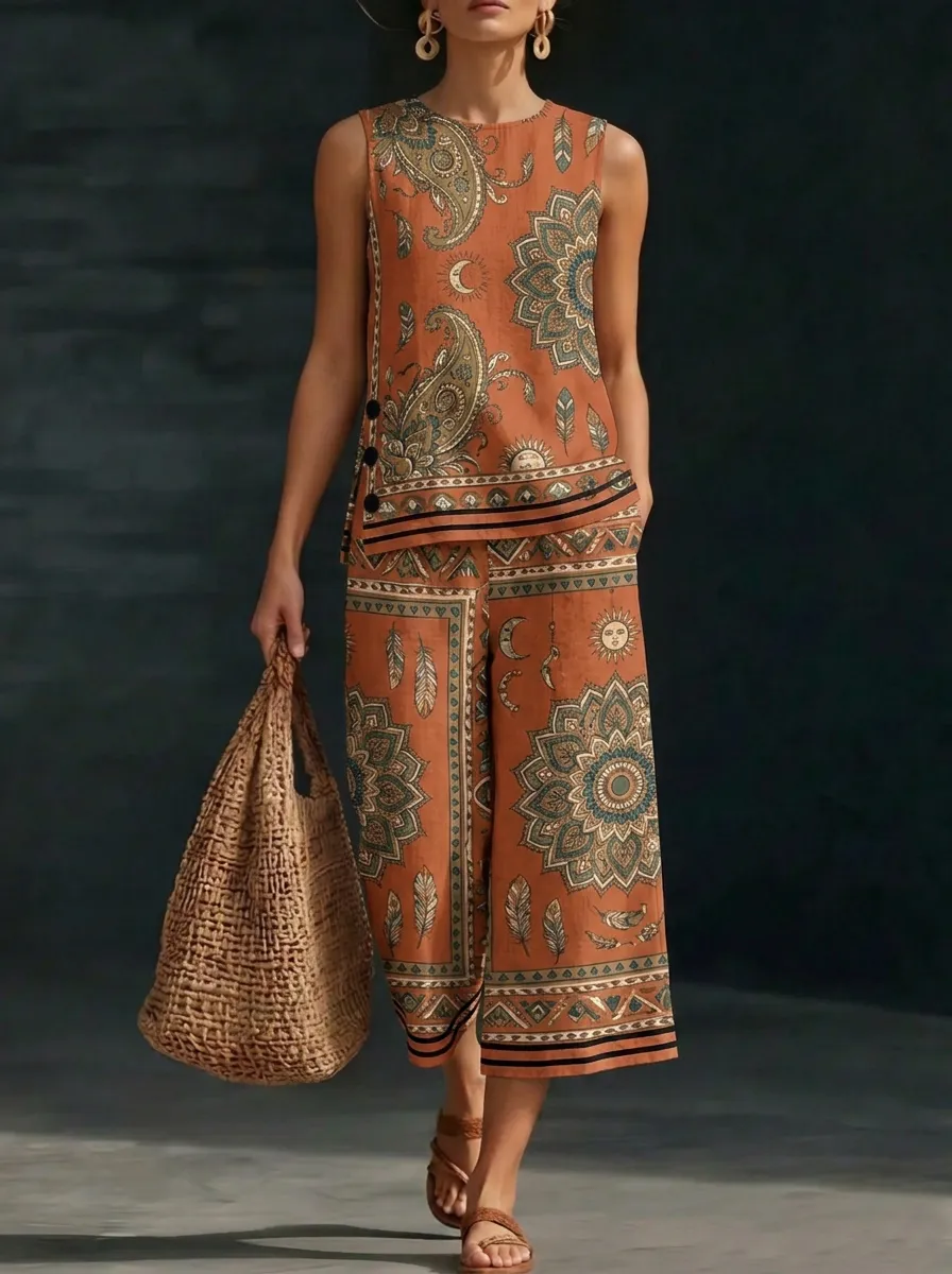 Women's Boho Style Paisley Mandala Printed Sleeveless Set