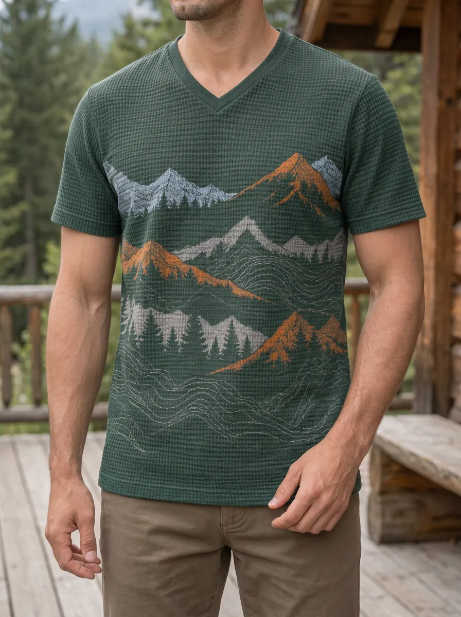 Men's Woodland Outdoor Nature Lover Mountain Forest V-Neck T-Shirt
