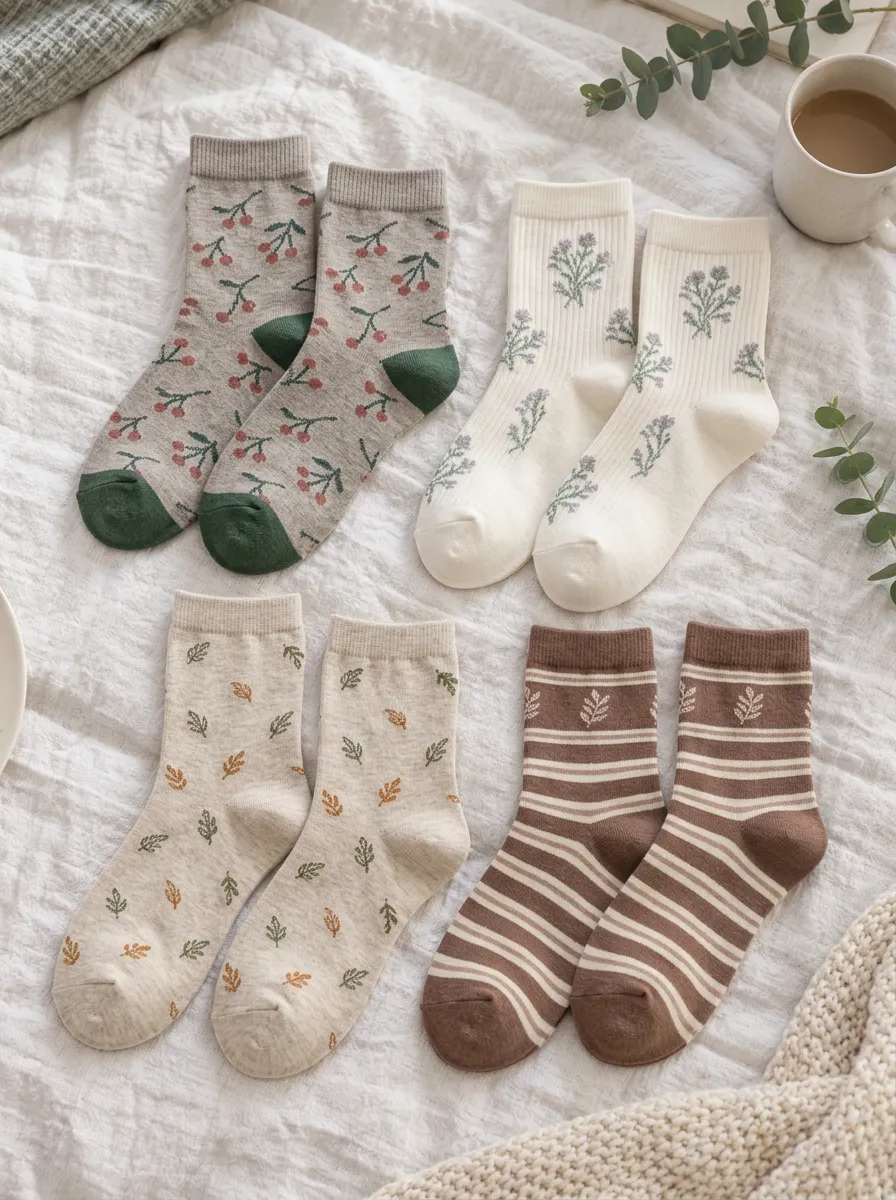 Women's Botanical Cherry Floral Striped Printed Socks 4-Pack