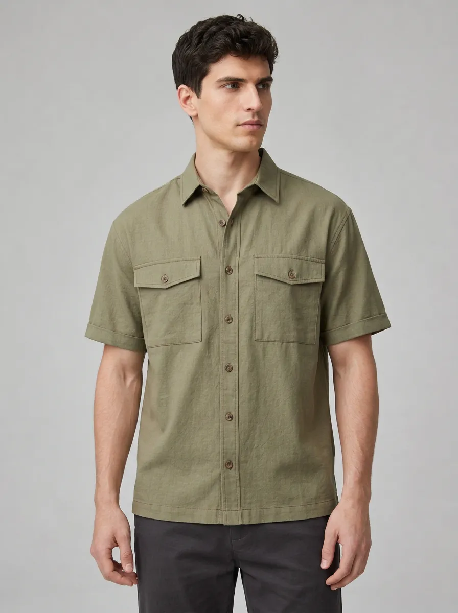 Men's Casual Olive Green Double Pocket Linen Blend Short Sleeve Shirt