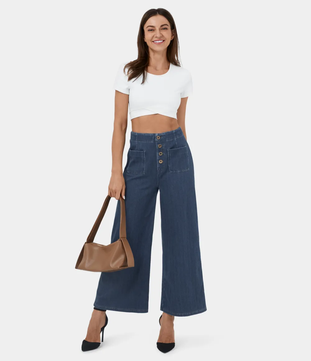 Magic High Waisted Button Pockets Washed Stretchy Knit Casual Wide Leg Jeans