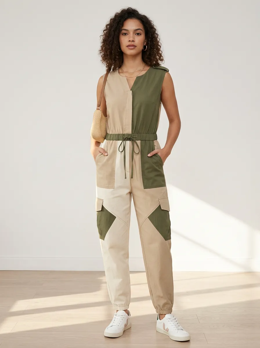 Women's Casual Style Colorblock Cargo Patchwork Jumpsuit