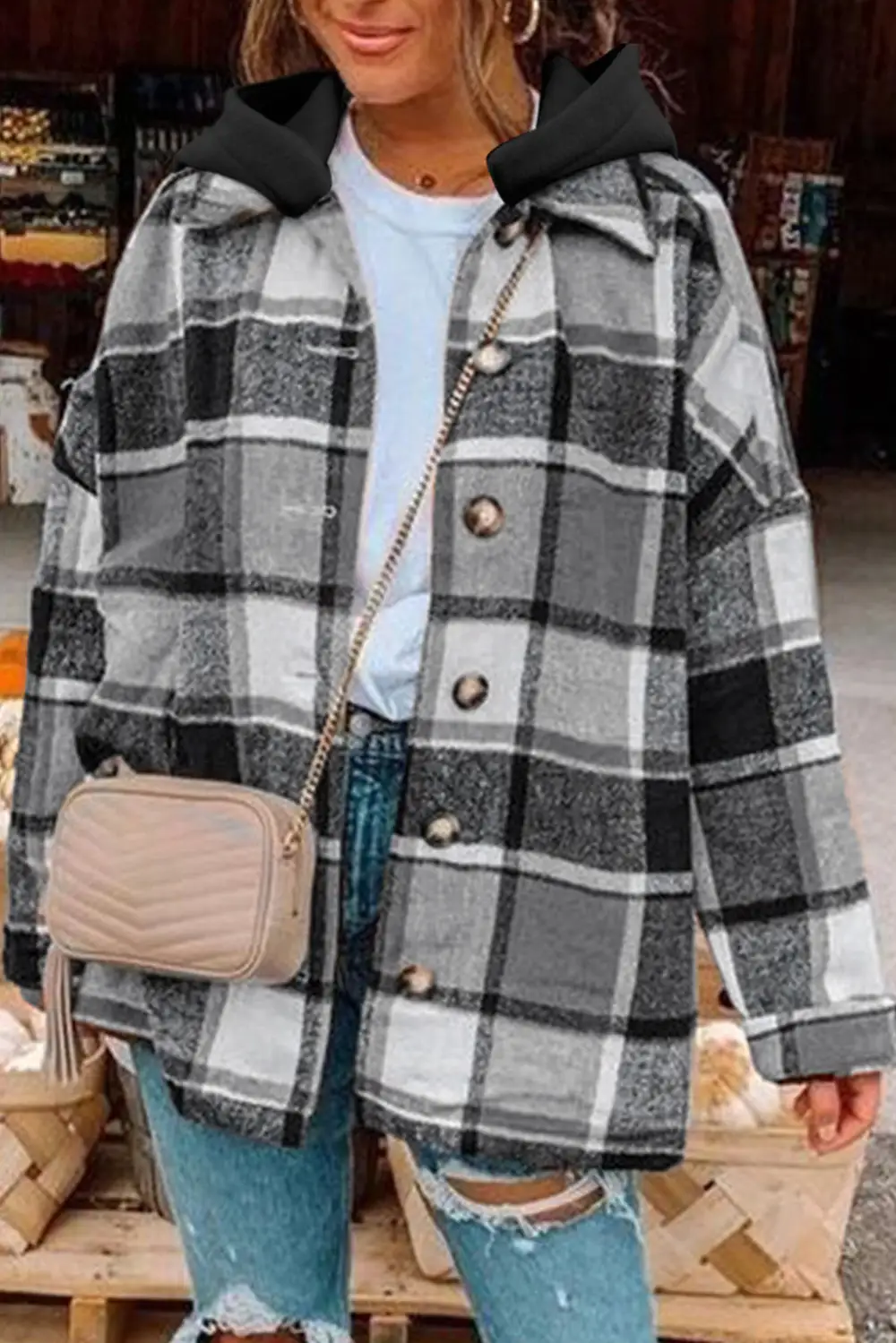 Hooded Plaid Button Front Shirt Jacket