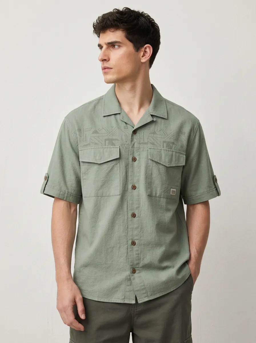 Men's Casual Geometric Pattern Printed Breathable Short Sleeve Shirt