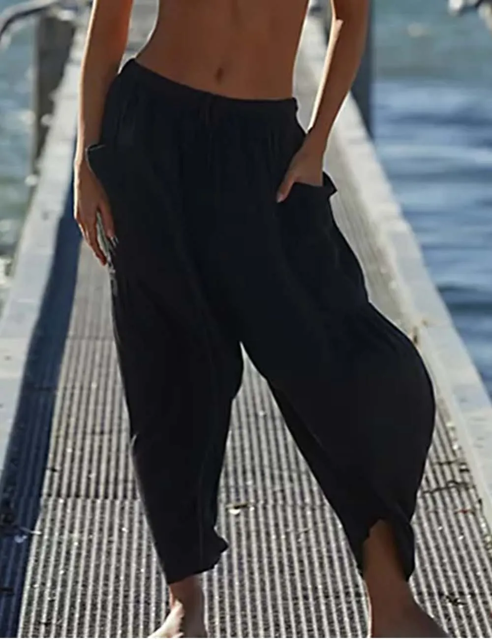Elastic Waist String Tie Pocket Cozy Pants