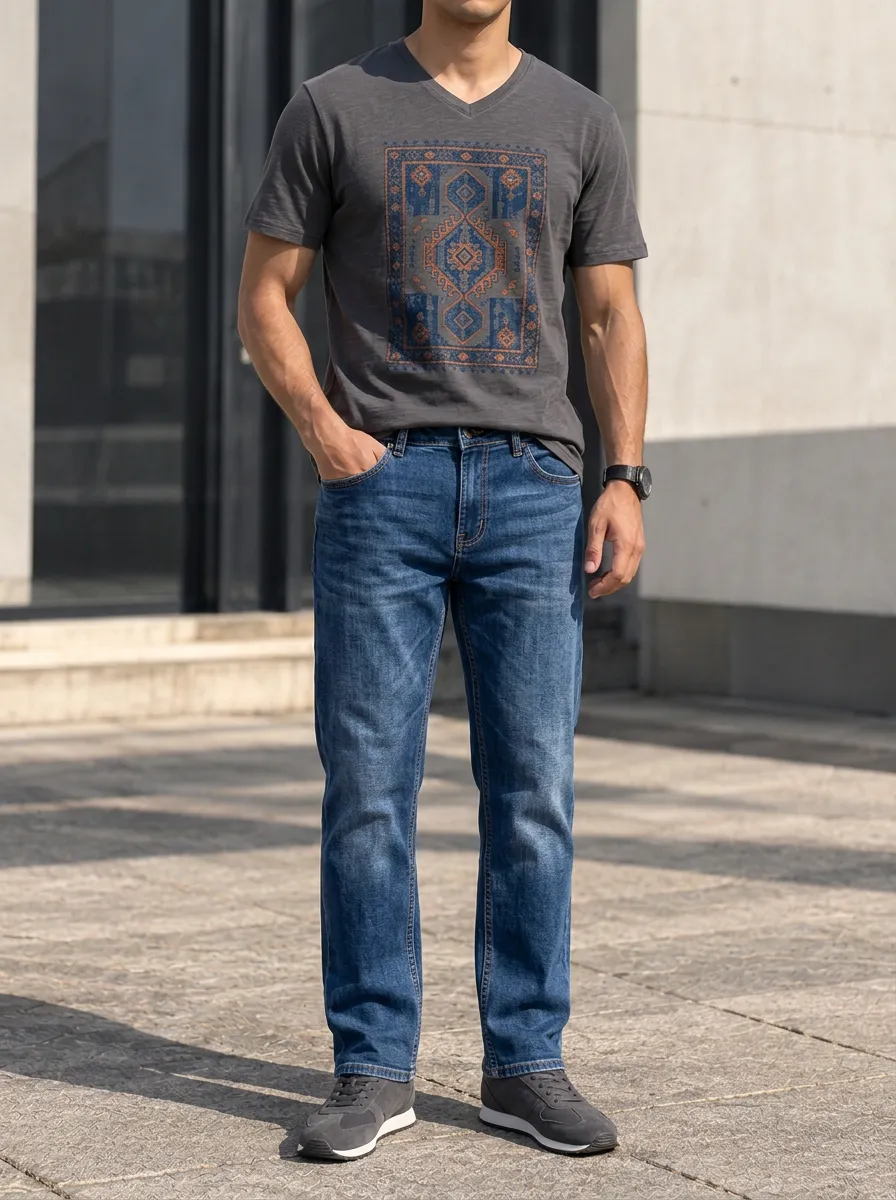Men's Ethnic Rug Pattern Printed V-Neck T-Shirt and Jeans Set