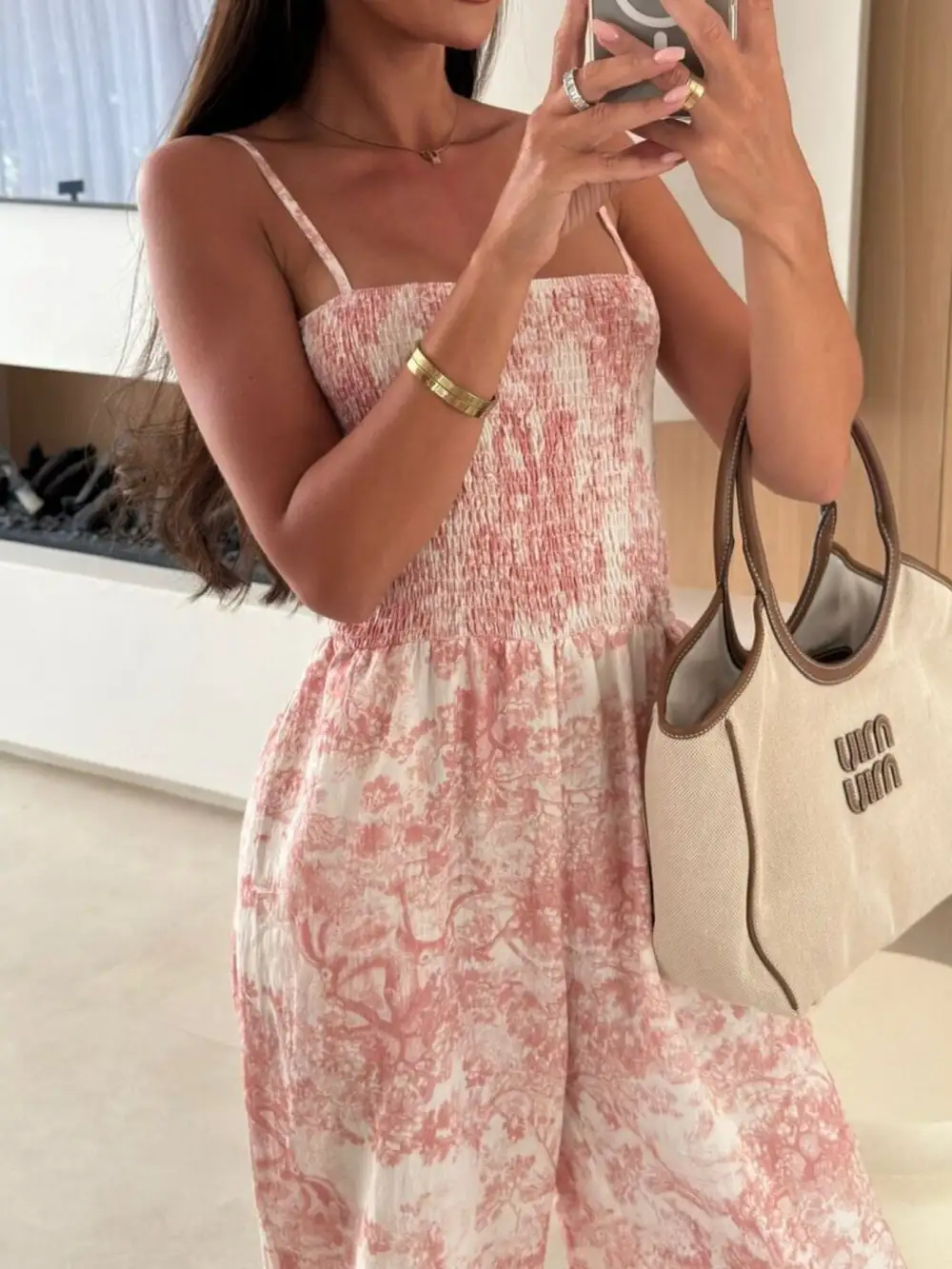 Printed Smocked Wide Leg Jumpsuit