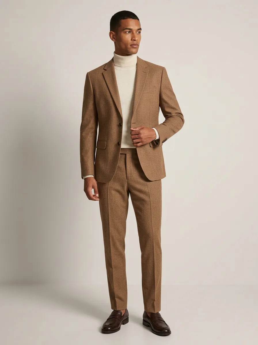 Men's Business Casual Brown Houndstooth Printed Suit Set