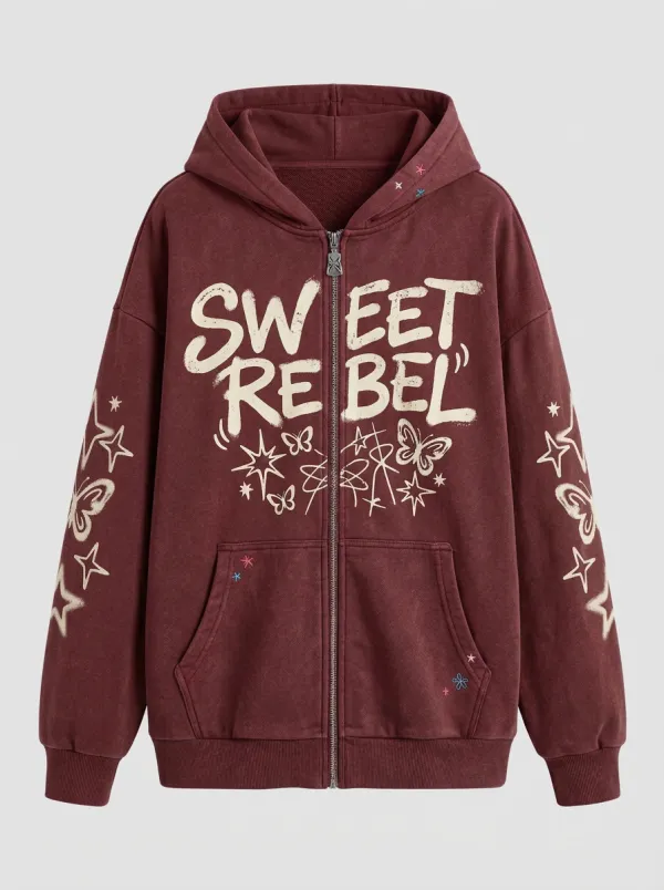Women's Streetwear Sweet Rebel Butterfly Star Printed Zip-up Hoodie
