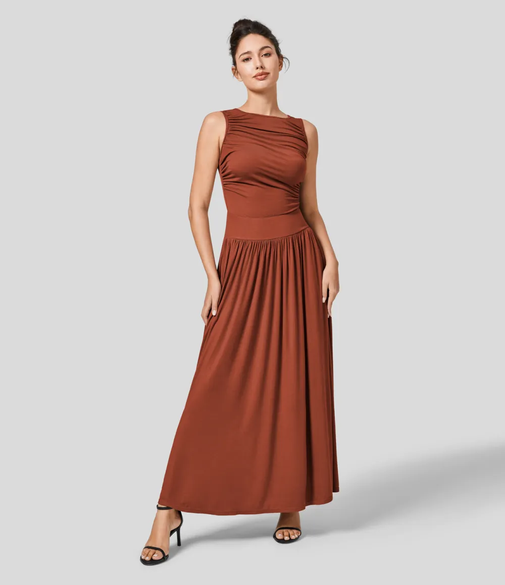 Ribbed Boat Neck Ruched Side Pocket Flowy Maxi Casual Dress