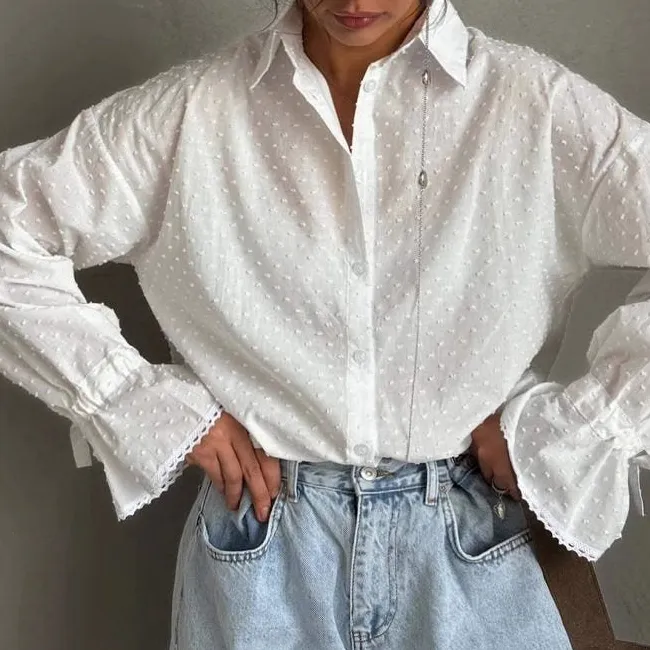 Ribbed Lace Trim Dot Embellished Shirt