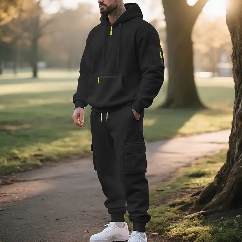 Men's Urban Cargo Tracksuit with Hooded Hoodie and Zipper Pockets Cargo Pants