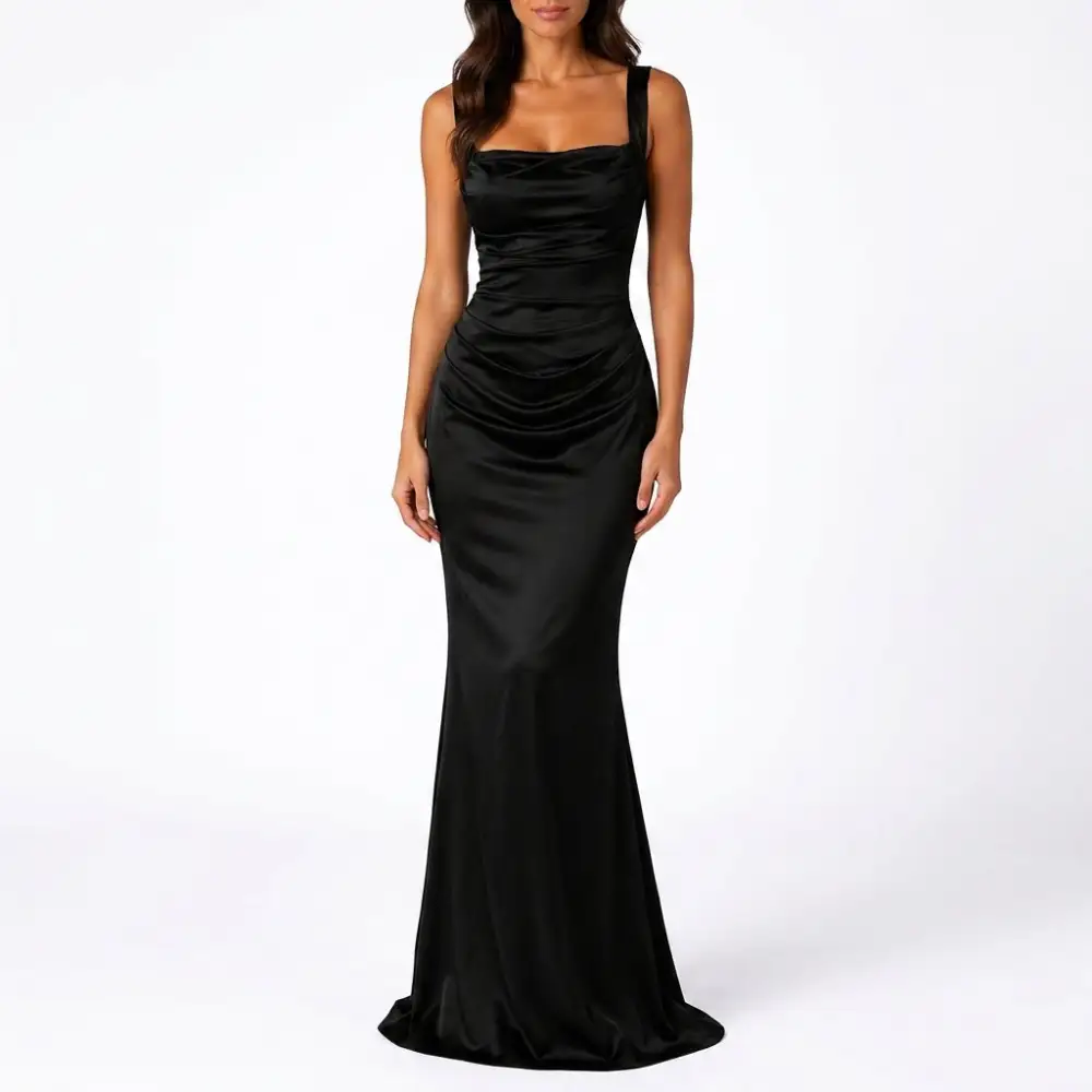 Satin Draped Ruched Maxi Dress