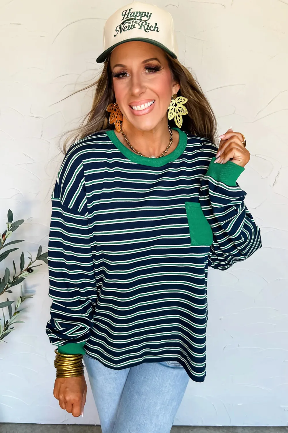 Green Stripe Ribbed Block Patchwork Top