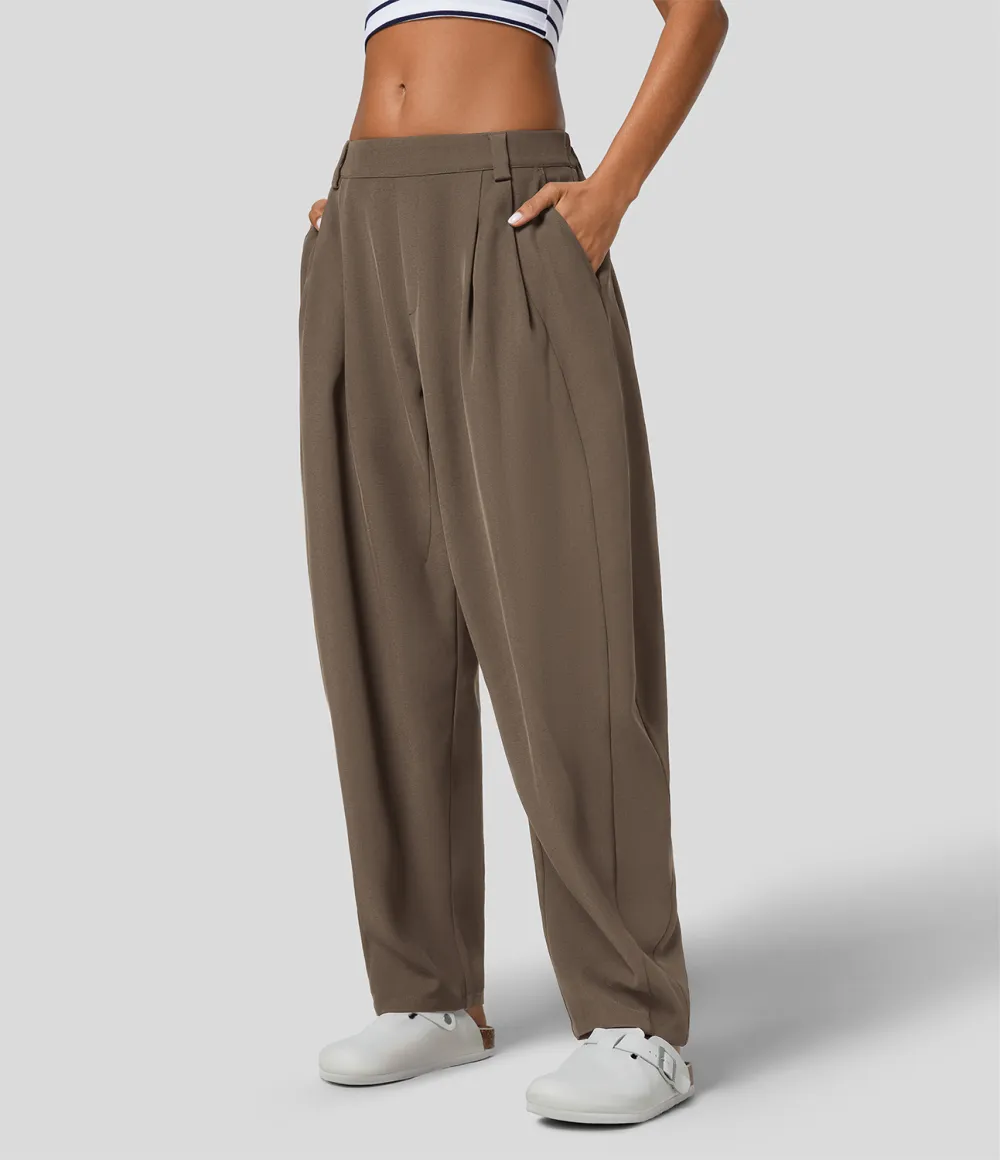 Mid Rise Plicated Side Pocket Barrel Leg Work Pants