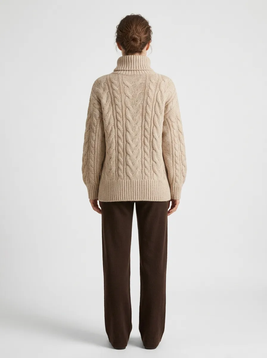 Women's Casual Winter Beige Cable Knit Turtleneck Sweater