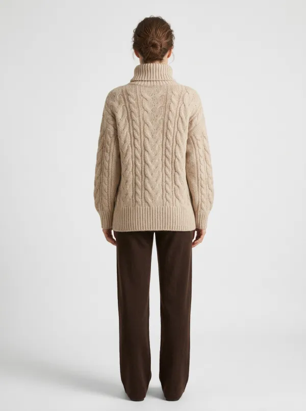 Women's Casual Winter Beige Cable Knit Turtleneck Sweater