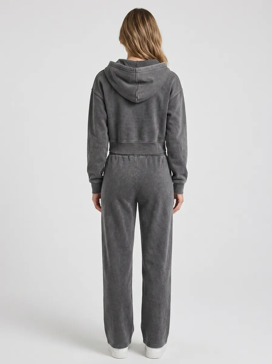 Zip-Up Vintage-Wash Jogger Athleisure Women's Cropped Zip-Up Hoodie Jogger Active Set