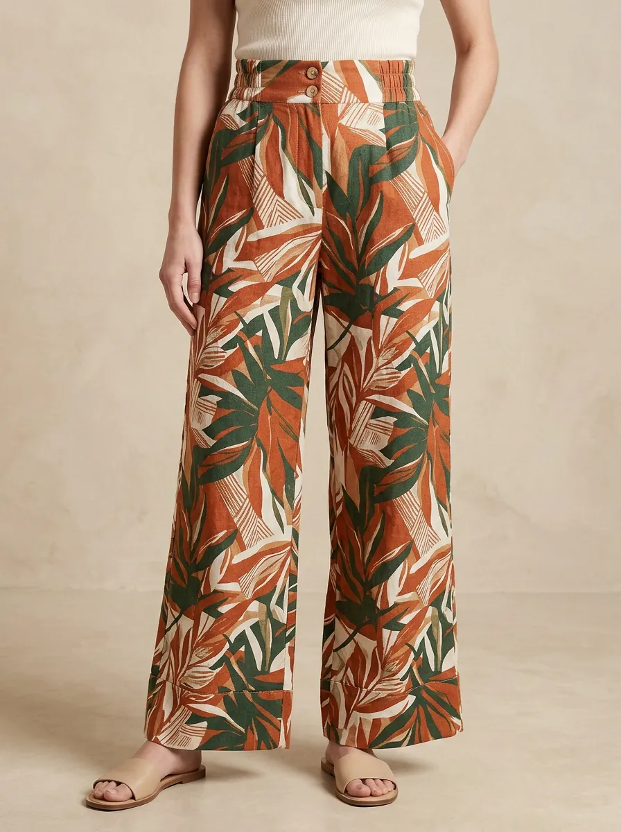 Women's Decorative Botanical Printed Wide Leg Pants