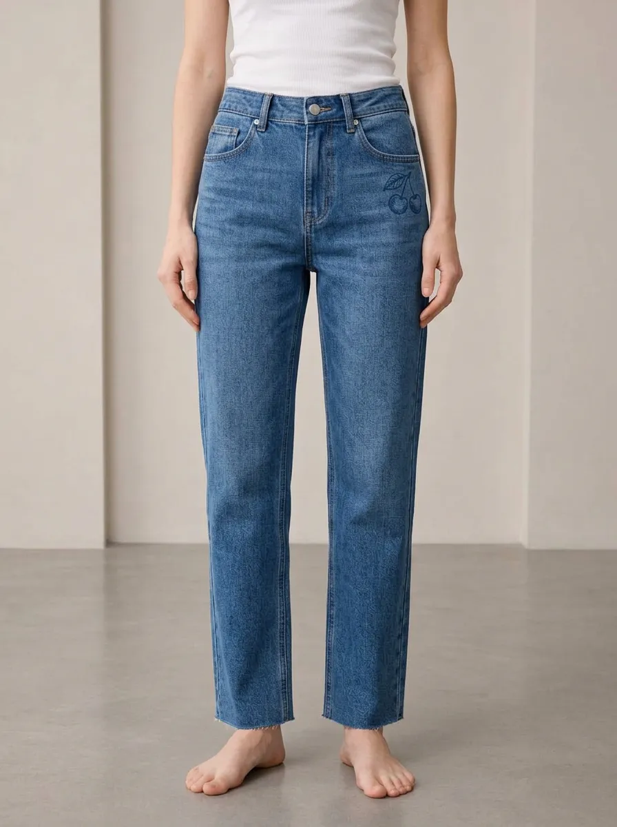 Women's Cherry Embroidered Left-Hip Faded High-Rise Straight-Leg Jeans