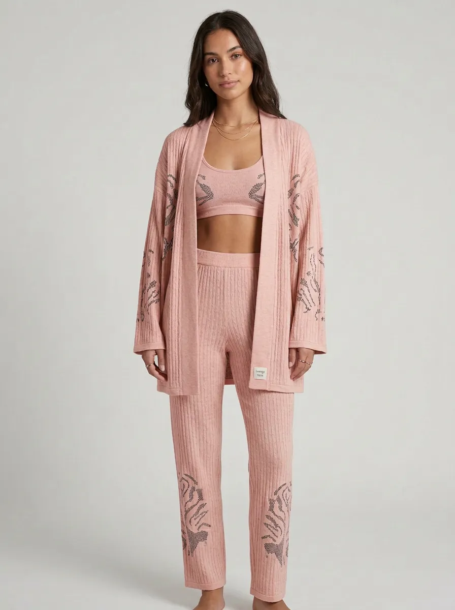 Floral Ribbed Cardigan Lounge Set