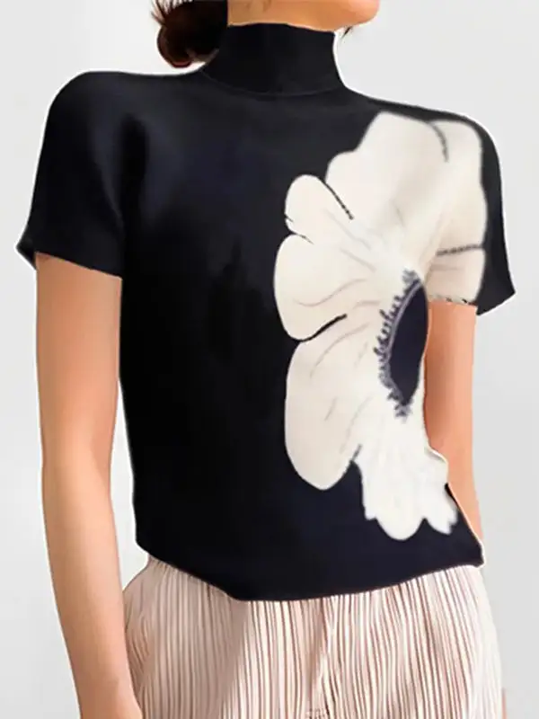 Short Sleeve Slim Fit Floral Print High Neck T-Shirt