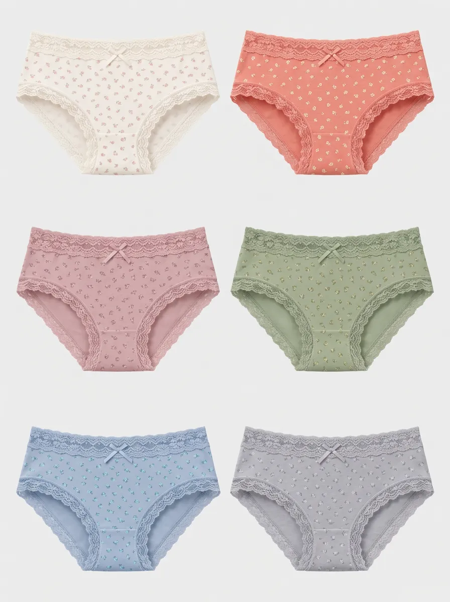 Women's Multicolor Floral Patterned Lace-Trim Briefs 6-Pack