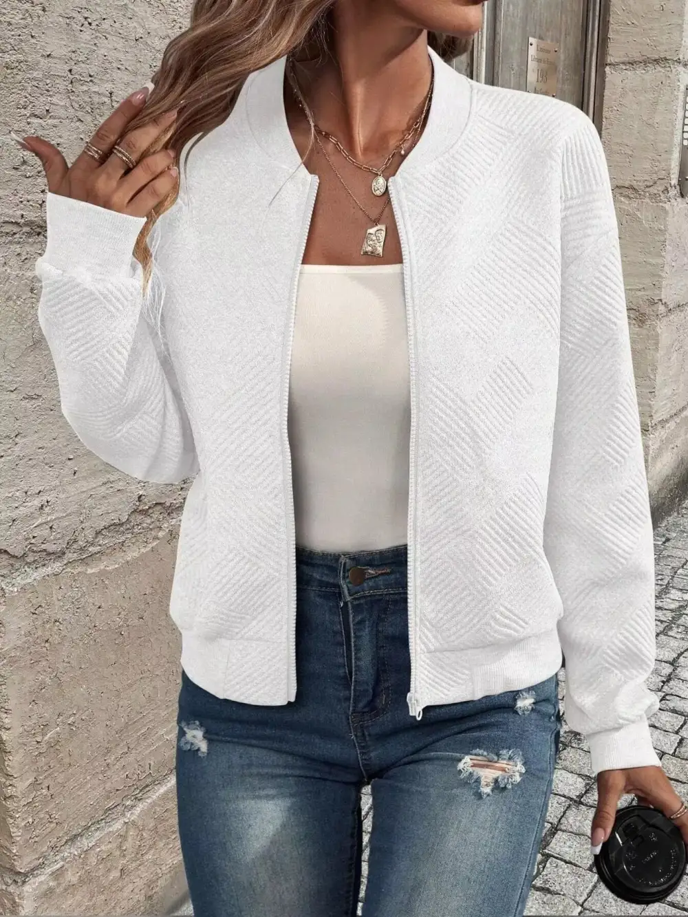 Plus Size Zip-Up Long Sleeve Textured Jacket