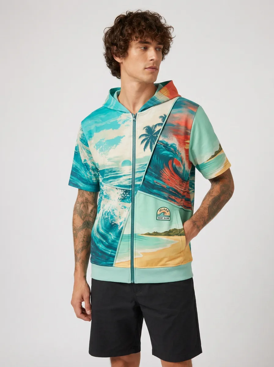 Men's Tropical Beach Surfing Island Printed Short Sleeve Zip Hoodie