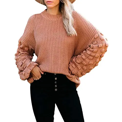 Women's Cute Oversized Crewneck Loose Puff Sleeves Chunky Knit Pullover Sweater