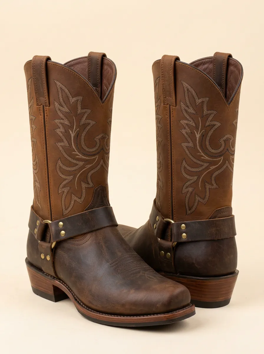 Men's Western Cowboy Embroidered Leather Harness Printed Boots