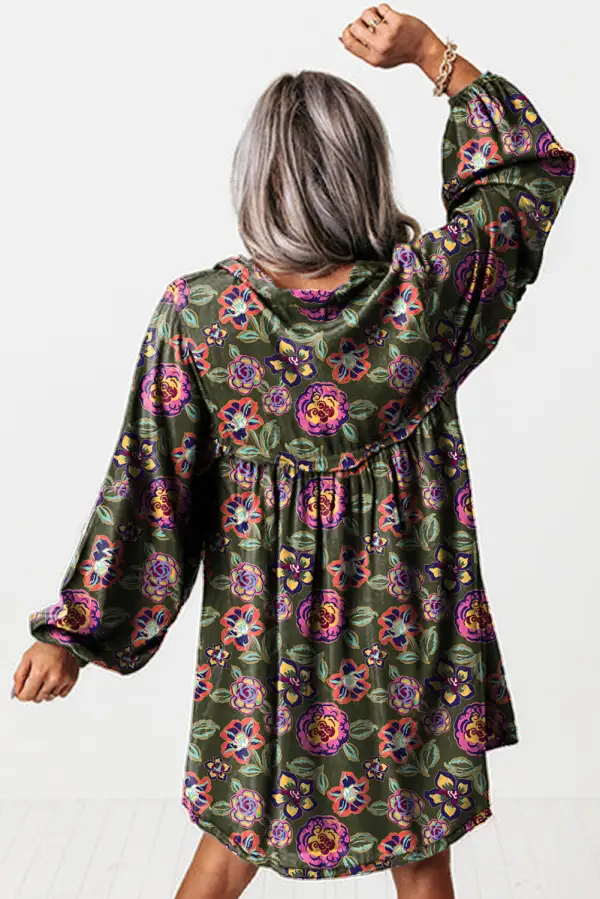 Layered Detail Floral Printed Split Neck Mini Dress