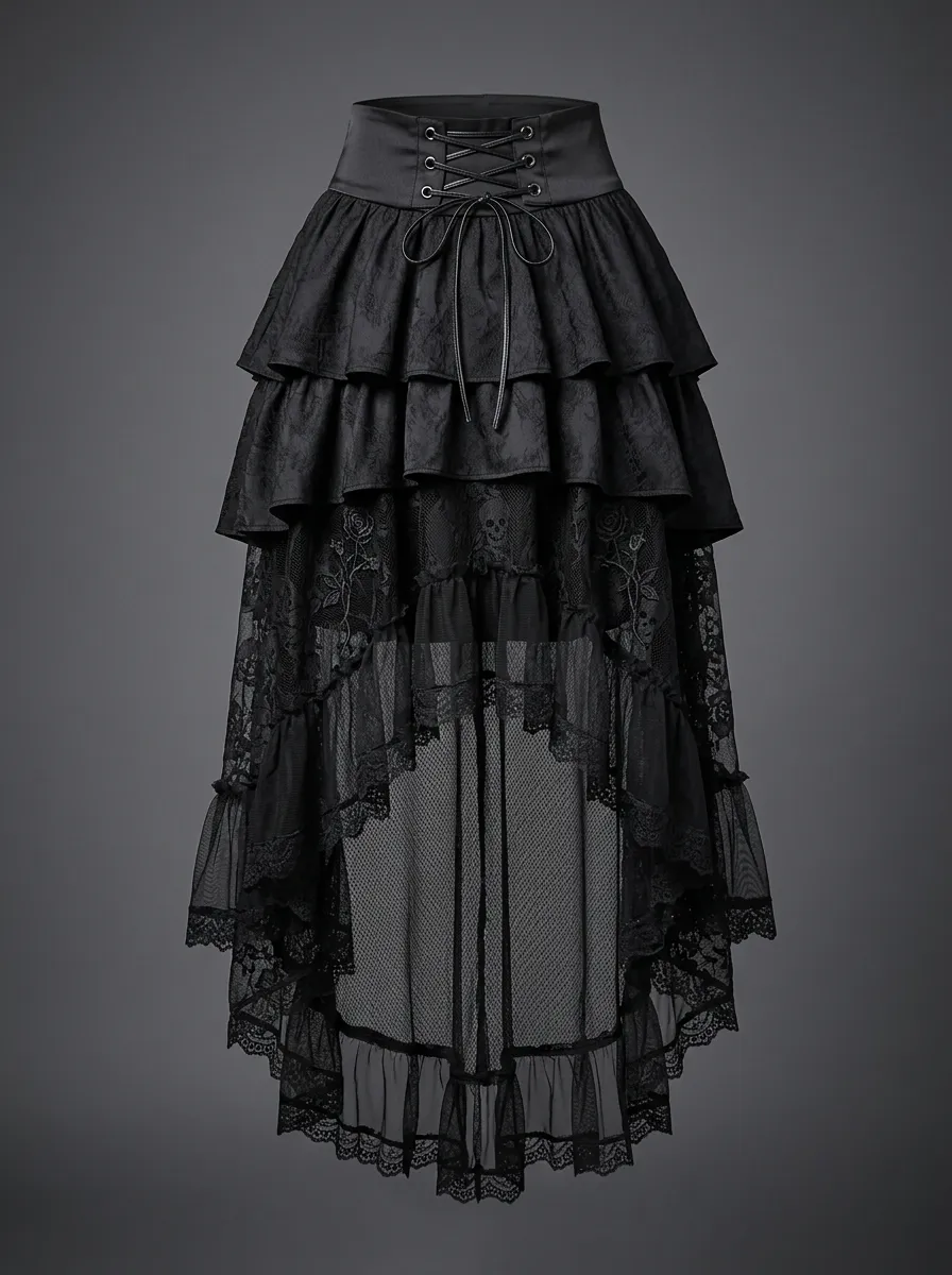 Noir Skull Rose Lace Look Women's Gothic High-Low Skirt