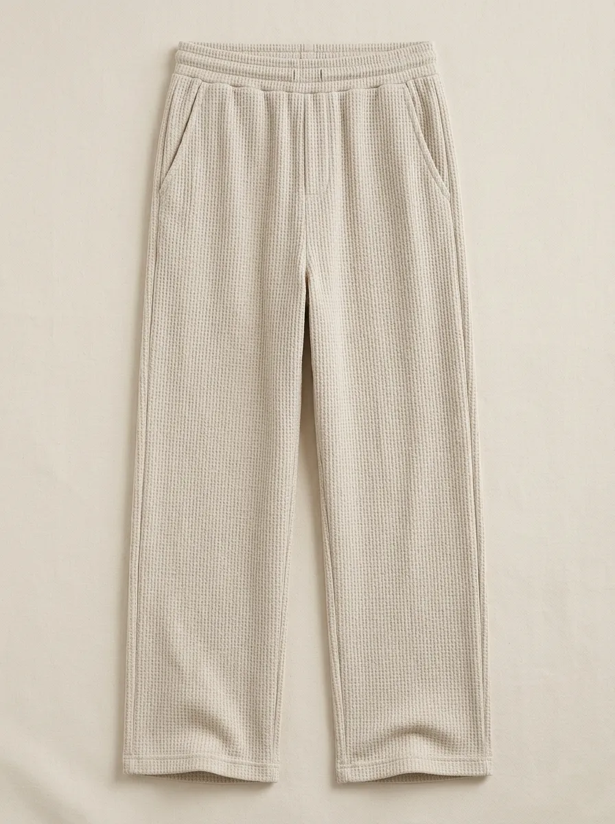 Unisex Casual Minimalist Beige Waffle Knit Lounge Pants for Casual Wear