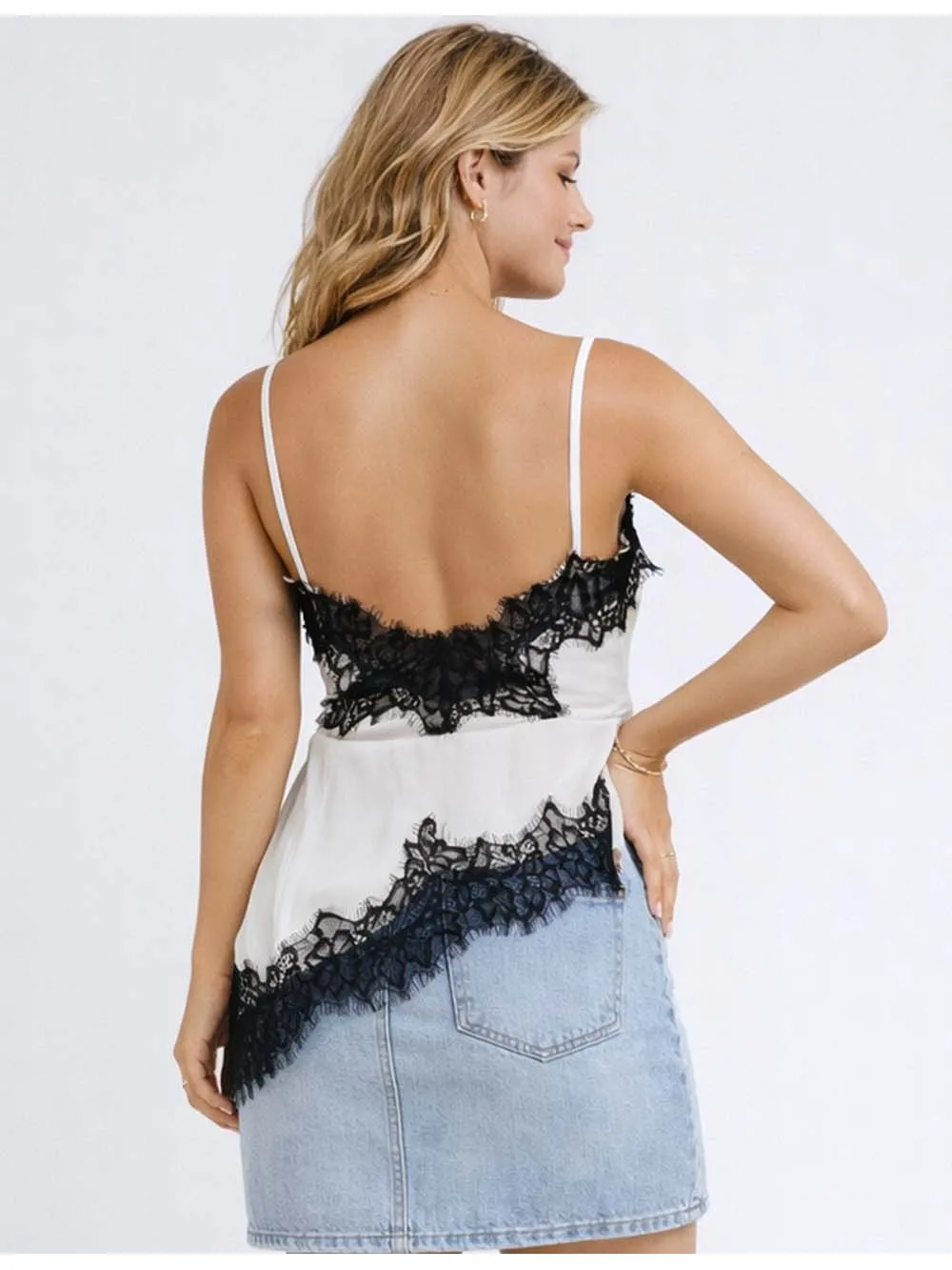 Satin Lace Trim V Neck Irregular Hem Cami Top