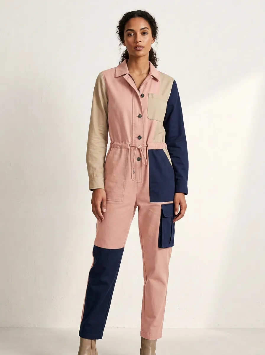 Women's Utility Patchwork Colorblock Cargo Jumpsuit