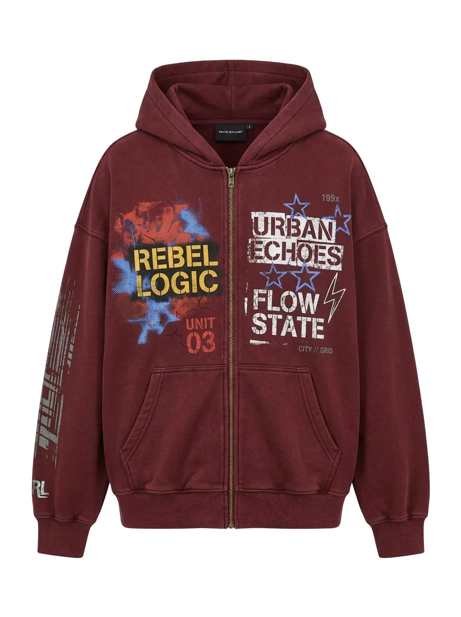 Unisex Streetwear Rebel Logic Urban Echoes Printed Zip-up Hoodie