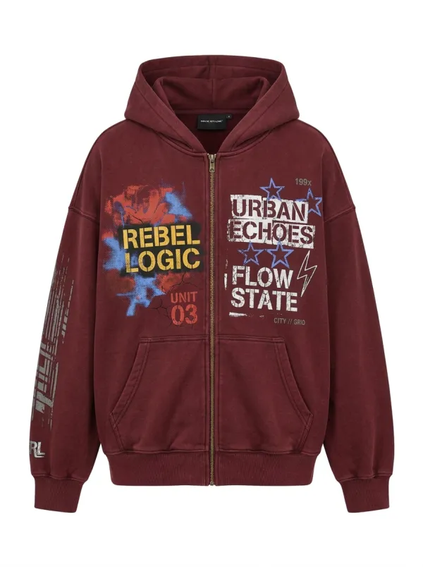Unisex Streetwear Rebel Logic Urban Echoes Printed Zip-up Hoodie