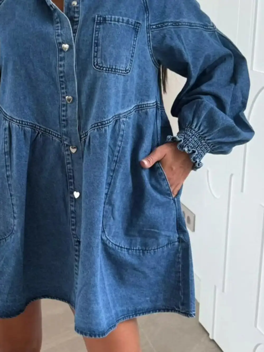 Denim Button Front Pocketed Mini Dress