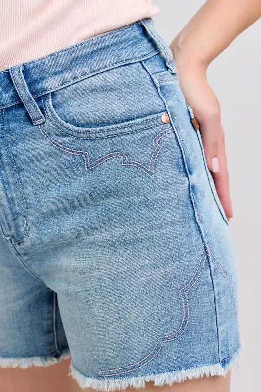 High Waist Embroidery Detail Cut Shorts Denim Pants