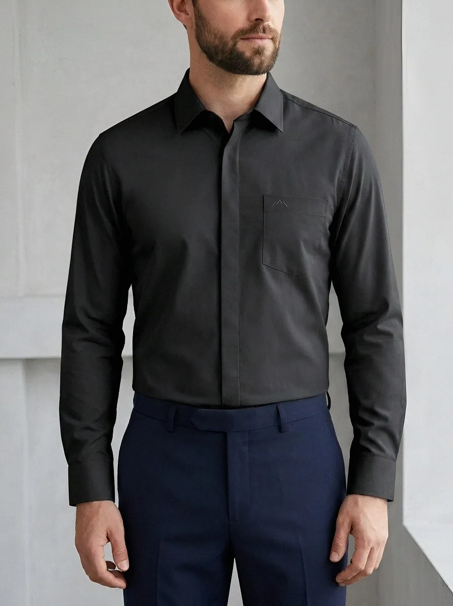 Men's Non-Iron Cotton Mountain Logo Embroidered Dress Shirt